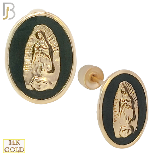 14k Solid Gold Onyx Virgin Mary Stud Earrings - Screw Back image 0