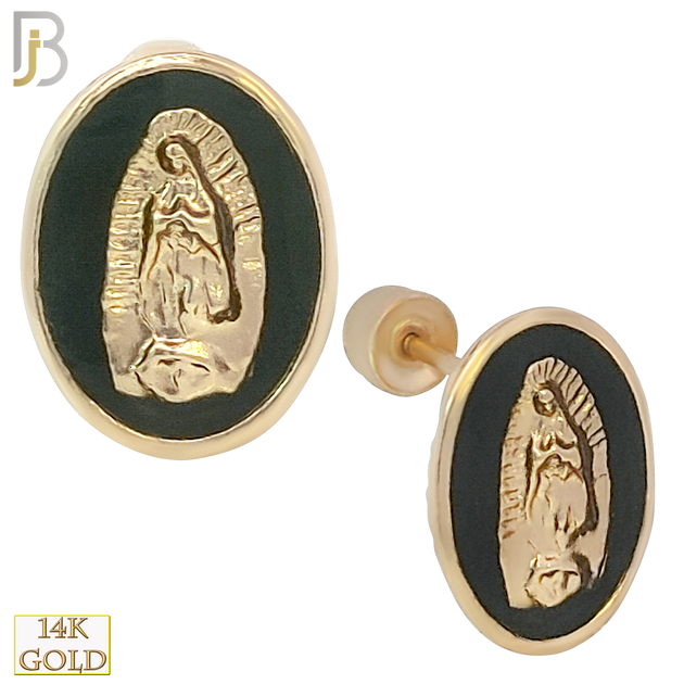 14k Solid Gold Onyx Virgin Mary Stud Earrings - Screw Back image 0