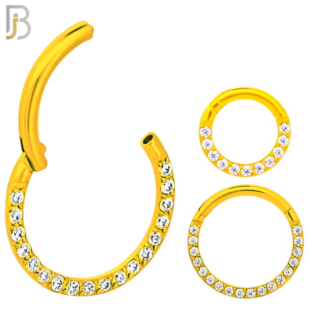 CT93G -  316 Stainless Steel Gold Plated Hinged Hoop with CZ Gems Nose Rings (PACK OF 6) image 0