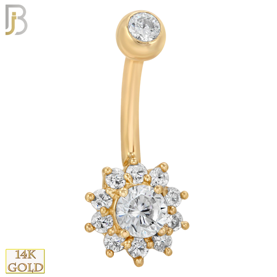 14-NB09 - 14k Solid Gold Banana Belly Ring with  8mm Flower Design image 0