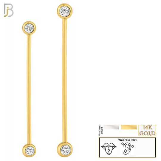 14-BB0714 - 14k Solid Gold 14g Barbell with Double Gem 5mm Ball with CZ Externally Threaded image 0