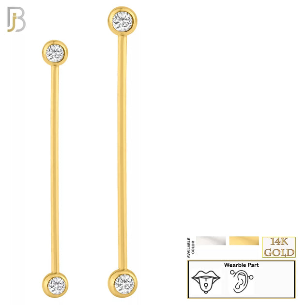 14-BB0714 - 14k Solid Gold 14g Barbell with Double Gem 5mm Ball with CZ Externally Threaded image 0