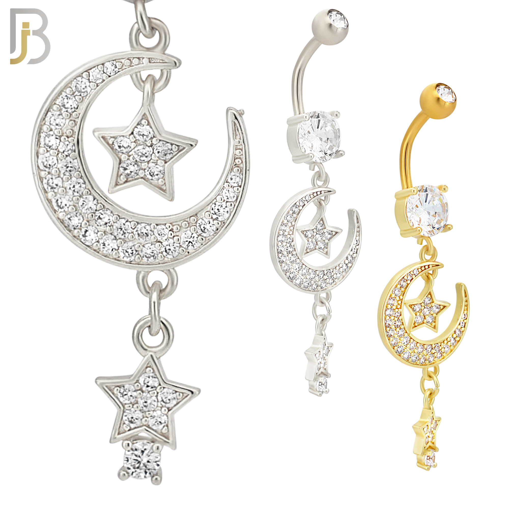 N0101  - 316L Stainless Steel Round Zircon with Dangling Moon and Stars with Zircon Belly Ring image 0