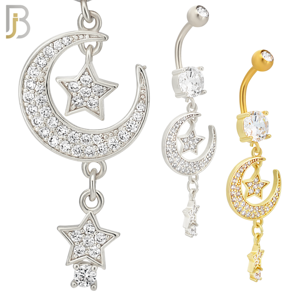 N0101  - 316L Stainless Steel Round Zircon with Dangling Moon and Stars with Zircon Belly Ring image 0