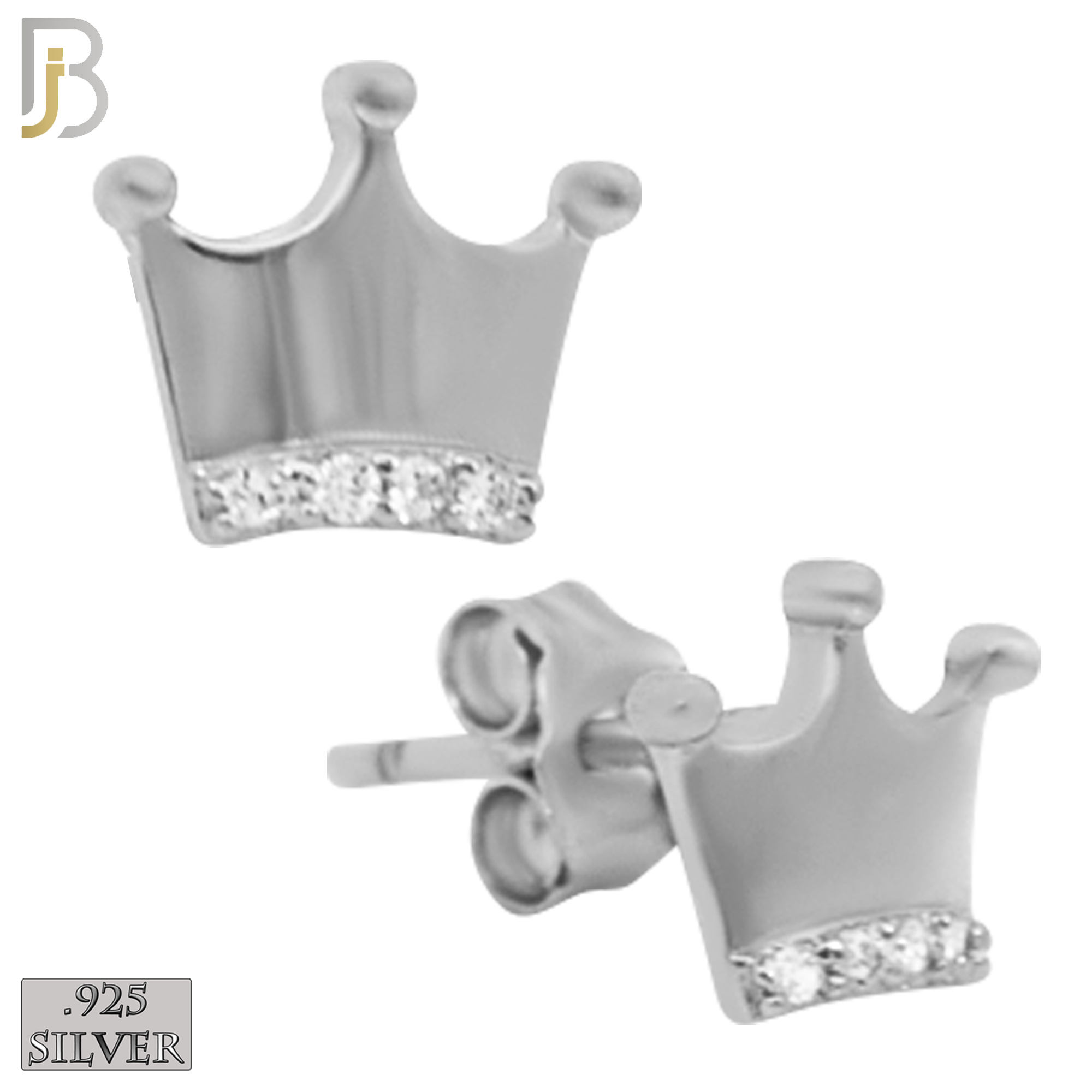 925-ES155 - .925 Sterling Silver Crown with Zircon Design Earring Stud image 1