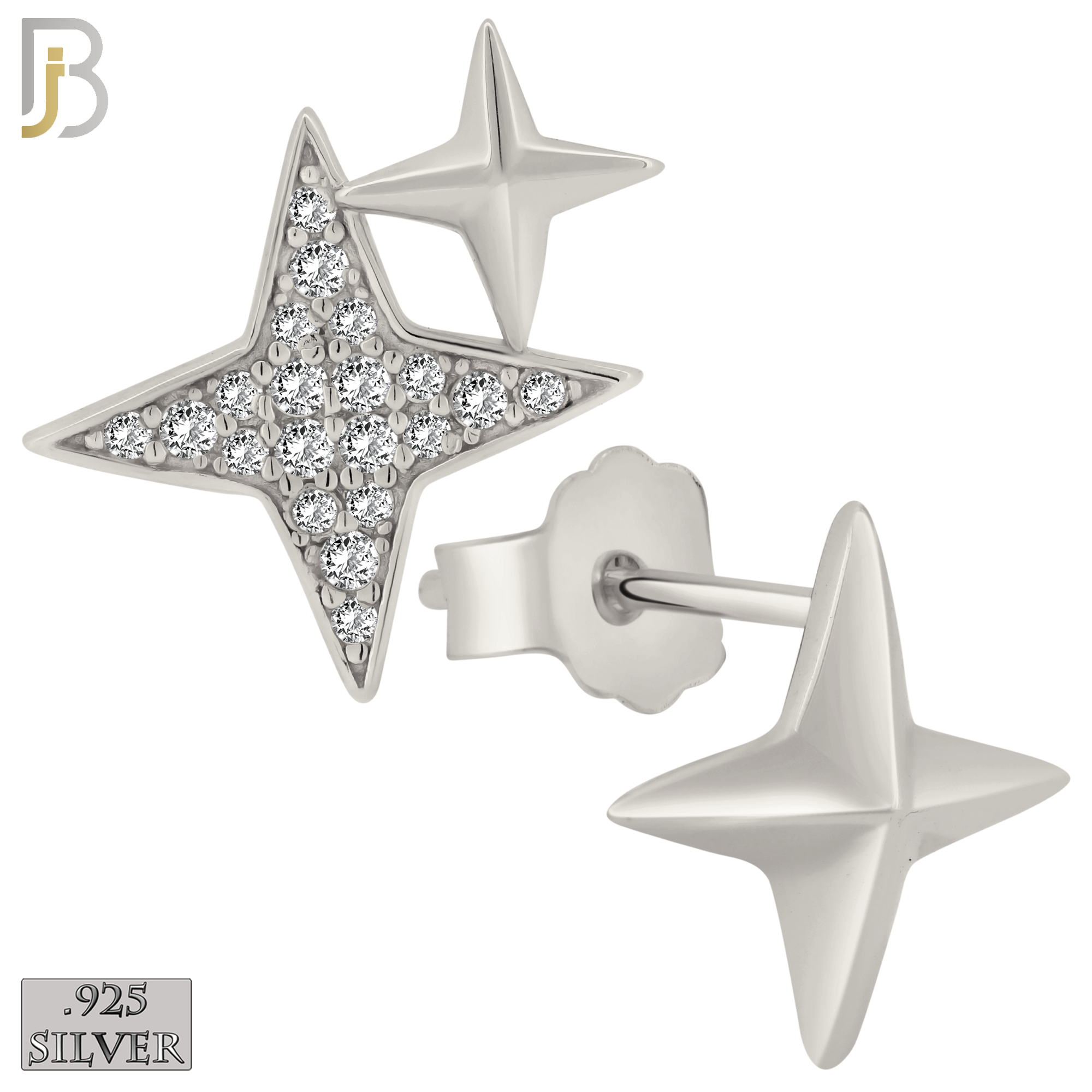 925-ES370 - Push Back - .925 Sterling Silver Four Point Star Mismatched Stud Earrings image 1