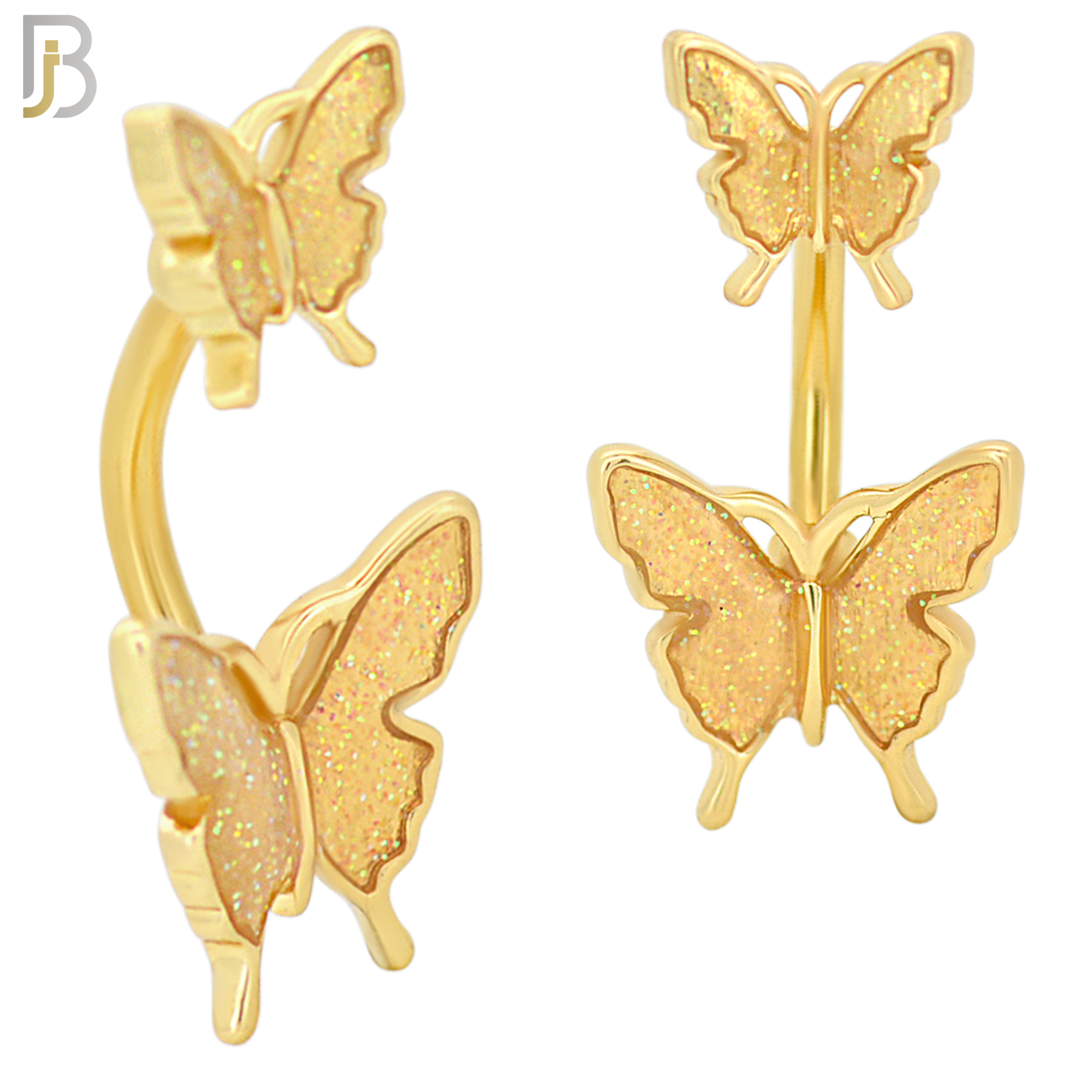 NB61 - 316L Stainless Steel Double Butterfly Banana Belly Ring with Aurora Borealis image 2