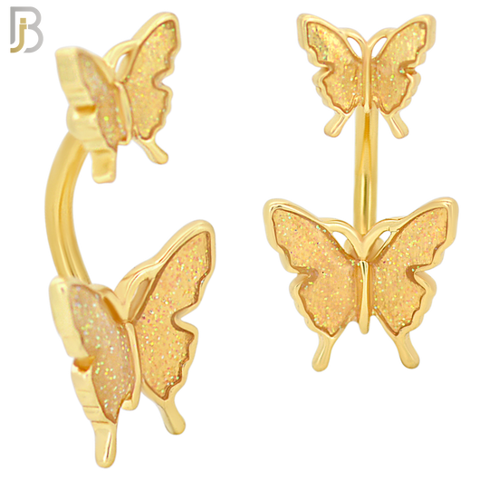 NB61 - 316L Stainless Steel Double Butterfly Banana Belly Ring with Aurora Borealis image 2