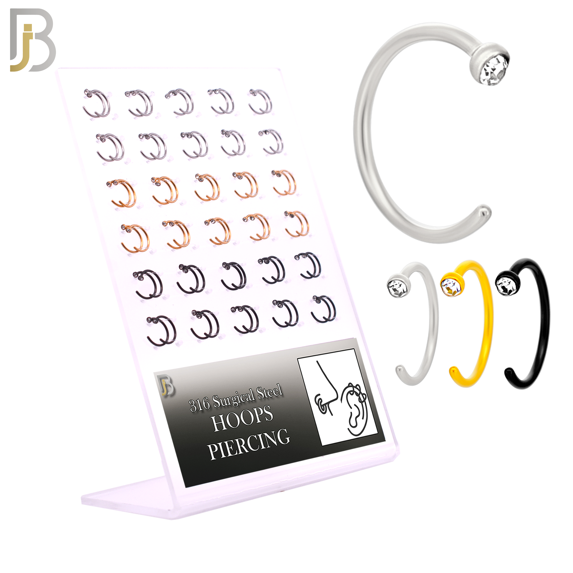 PK-CT21 - 316L Surgical Steel Nose Hoops Stopper Half Moon  with Bezel Zircon Pack of 60 image 0