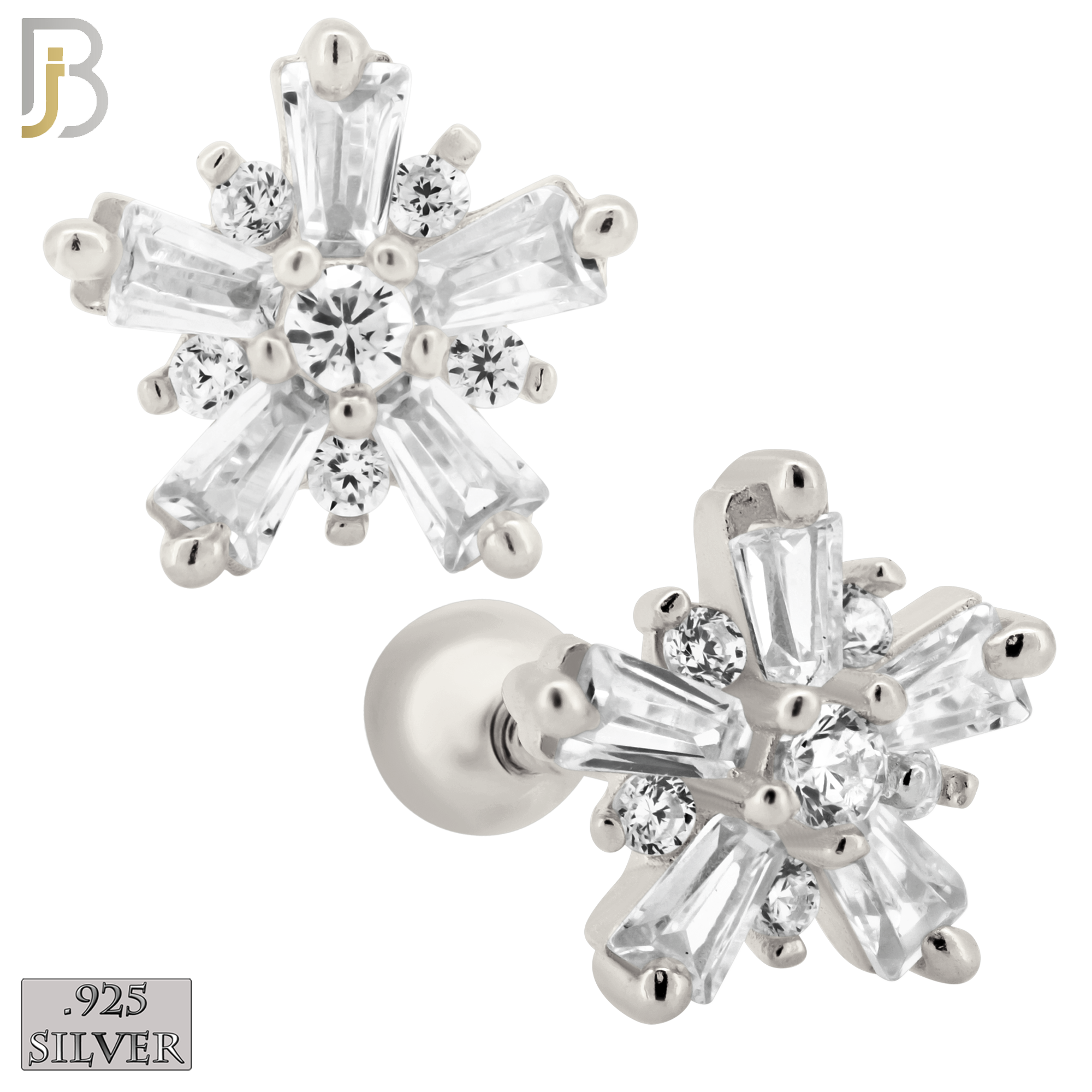 925-ES151 - Screw Ball Back - .925 Sterling Silver Starburst Design with Zircon Design Earring Stud image 1