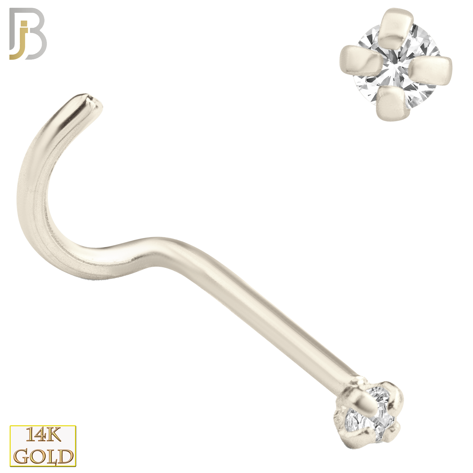 14-NR03CW-22 - 14k Solid White Gold 22g Prong Setting  Round Cubic Zircona Nose Screw, Cork Screw - 1.5mm image