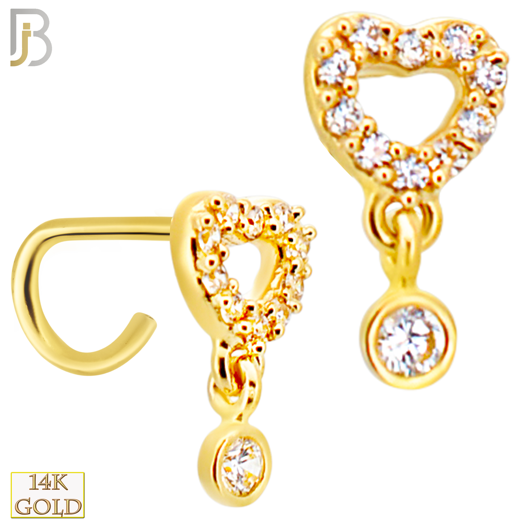 14-NR108C- 14k Yellow Gold Hollow Heart with CZ and  Dangling Round CZ in Bezel Setting Nose Screw - Yellow Gold image