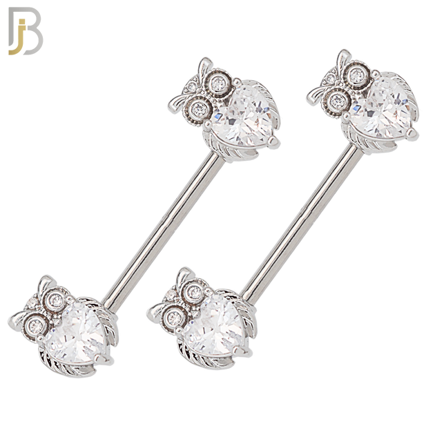 NP50 - 316L Surgical Steel Owl Design with Multi Zircon Nipple Rings Pair image 0