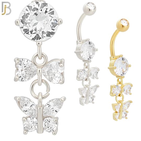 N067 - 316L Stainless Steel Dangling Bow and Butterfly Zircon Design Belly Ring with 5mm Screw Ball image 0