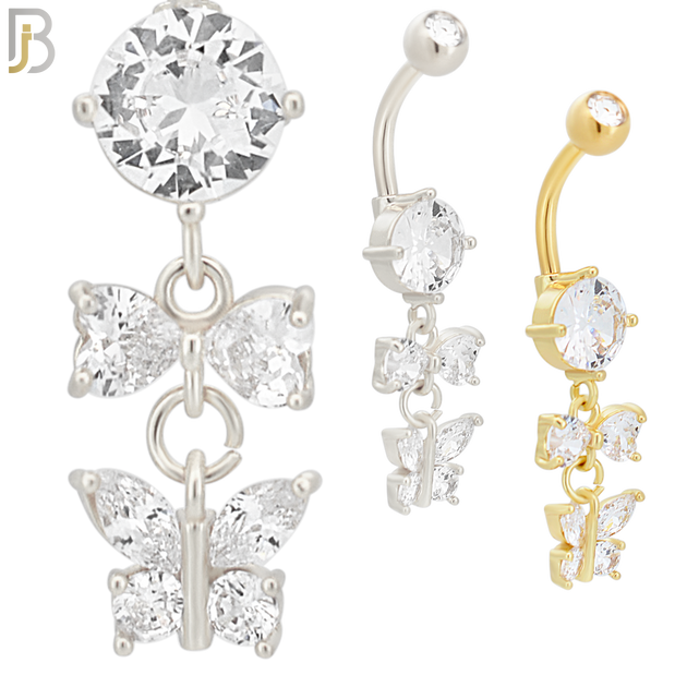 N067 - 316L Stainless Steel Dangling Bow and Butterfly Zircon Design Belly Ring with 5mm Screw Ball image 0