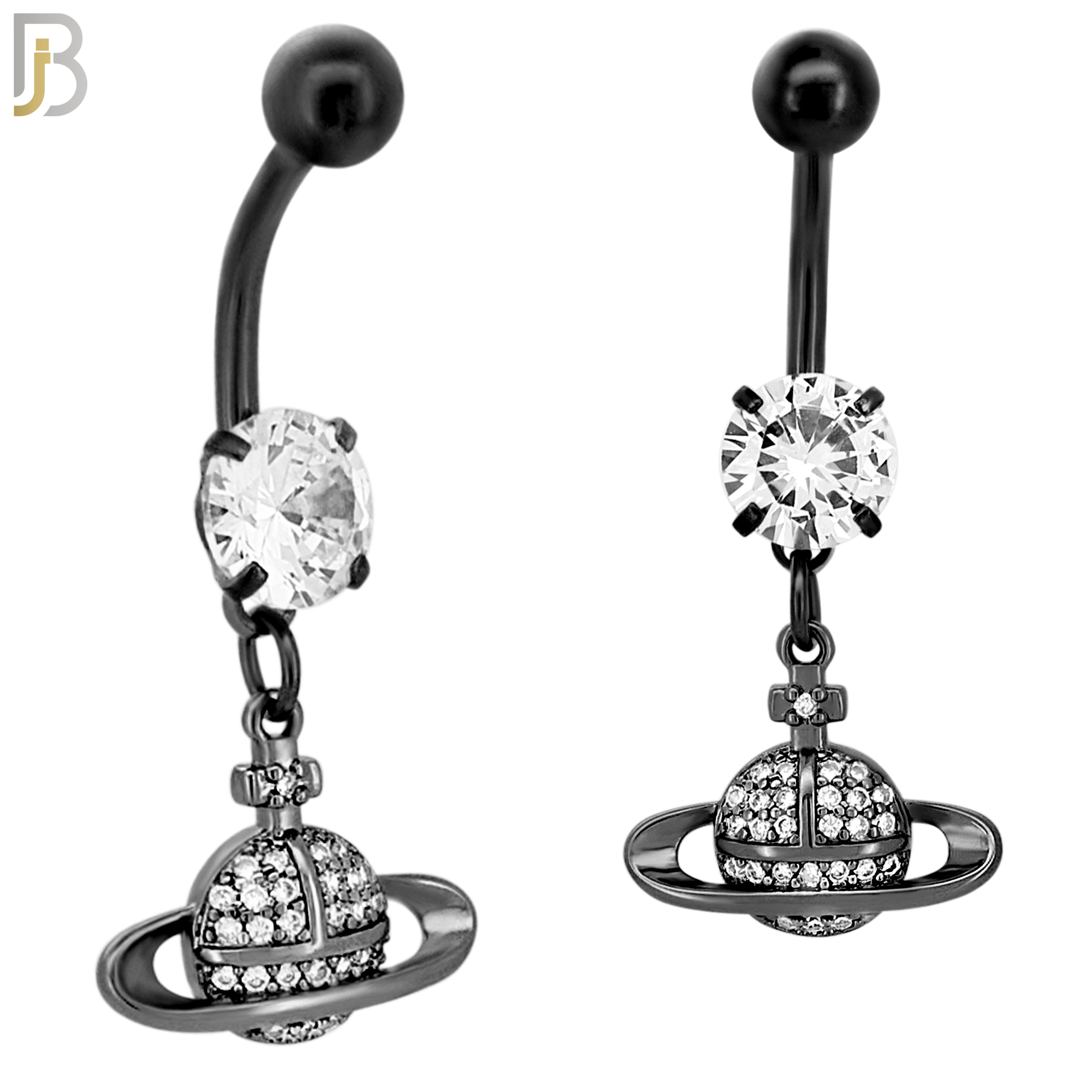 N083  - 316L Stainless Steel Dangling Planet Saturn with CZ Belly Ring image 2