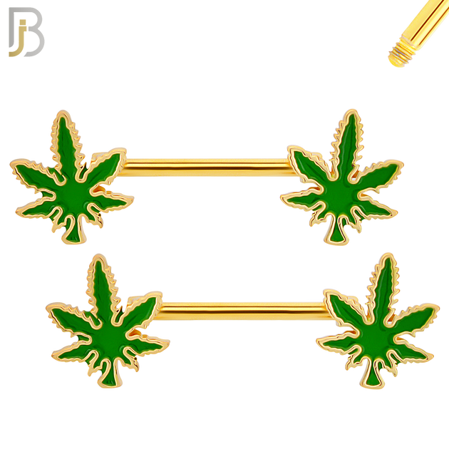 NP61- 316L Surgical Steel Marijuana Leaf Design Externally Threaded Nipple Rings (Sold as Pair) image 2
