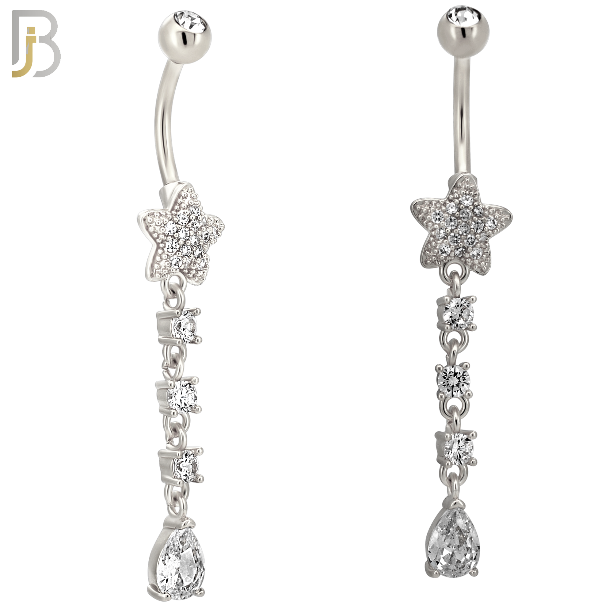 N0150 - 316L Surgical Steel Star CZ Studded Belly Ring with Pear CZ Drop image 1