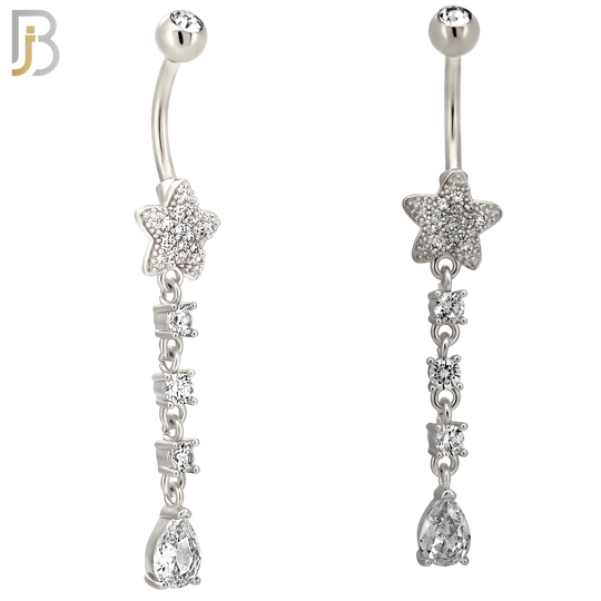 N0150 - 316L Surgical Steel Star CZ Studded Belly Ring with Pear CZ Drop image 1