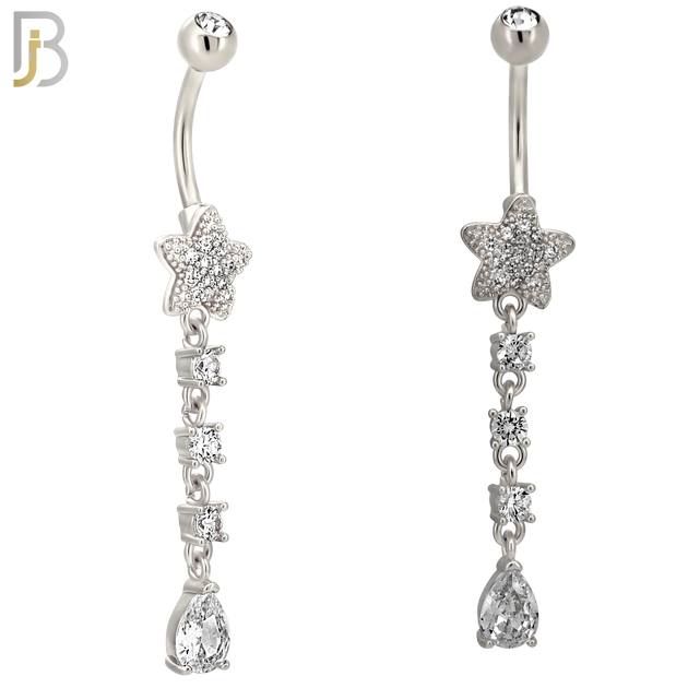 N0150 - 316L Surgical Steel Star CZ Studded Belly Ring with Pear CZ Drop image 1
