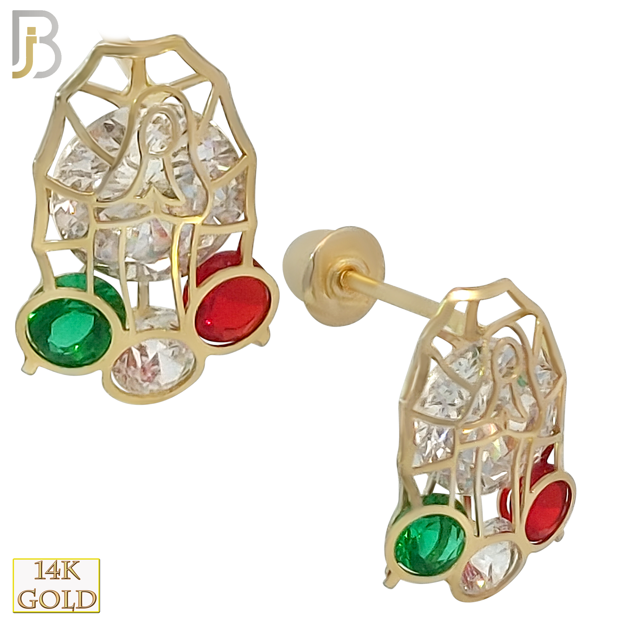 14k Solid Gold Virgin Mary with Tri Color CZ Stud Earrings - Screw Back image 0