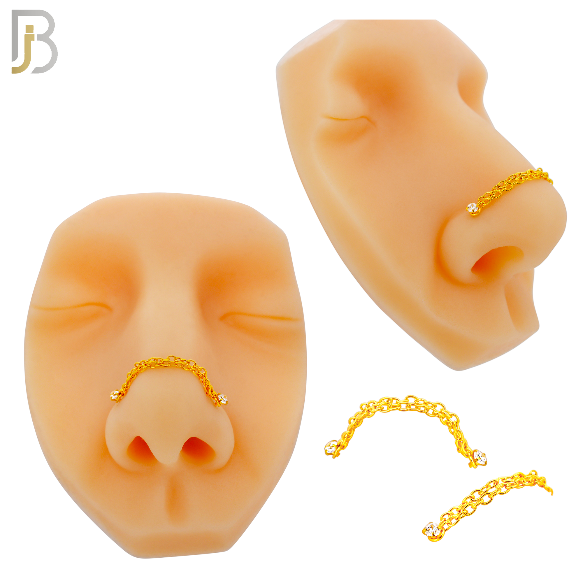 NR120L - 316 Surgical Steel Double L-Shaped Nose Rings with 2.5mm CZ in Prong Set and Double Chain Link - (Pack of 3) image 3