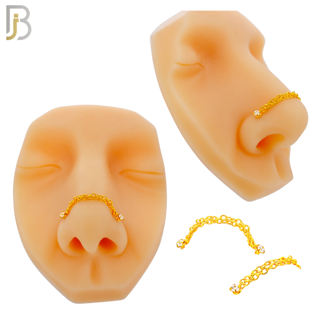 NR120L - 316 Surgical Steel Double L-Shaped Nose Rings with 2.5mm CZ in Prong Set and Double Chain Link - (Pack of 3) image 3