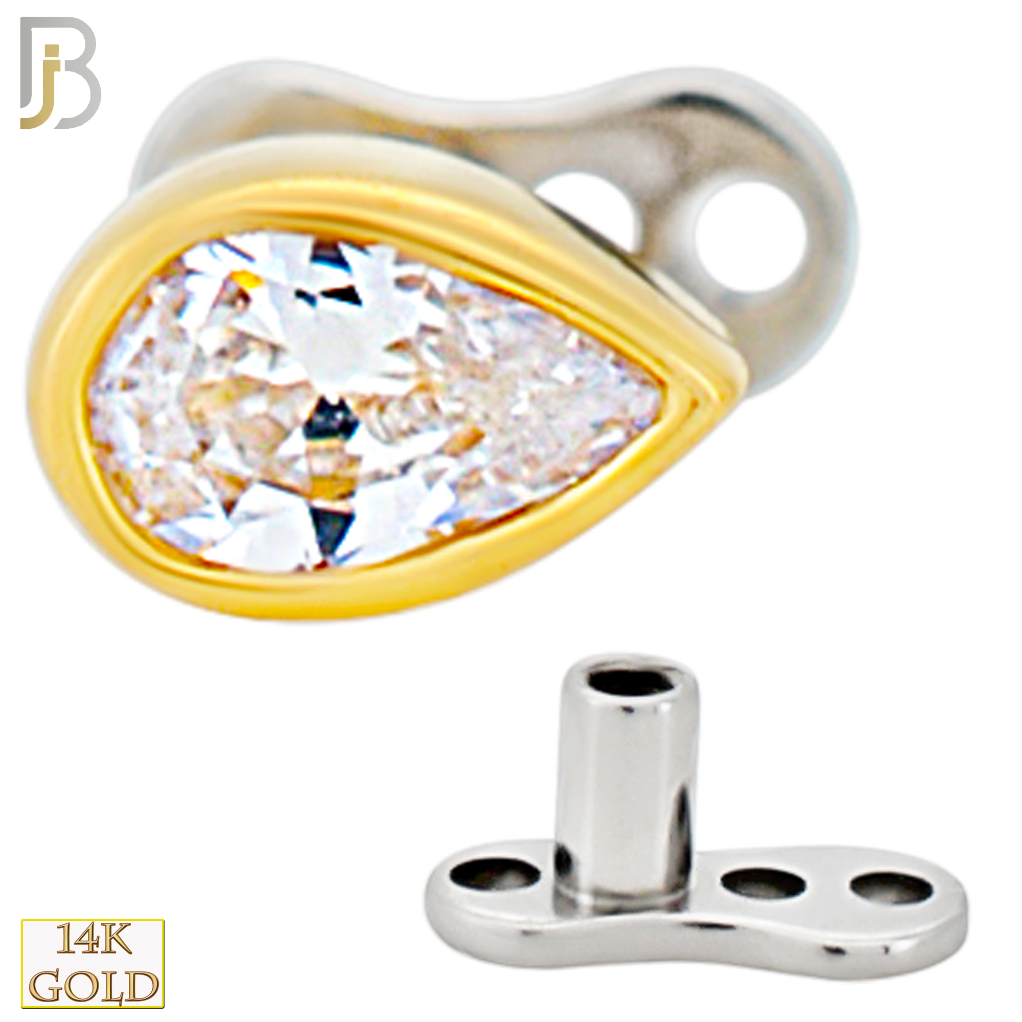 14-G23-DM11 - 14k Titanium Anchor with 14k Gold Top Pear Shaped CZ in Bezel Set Dermal  - Internally Threaded image 1