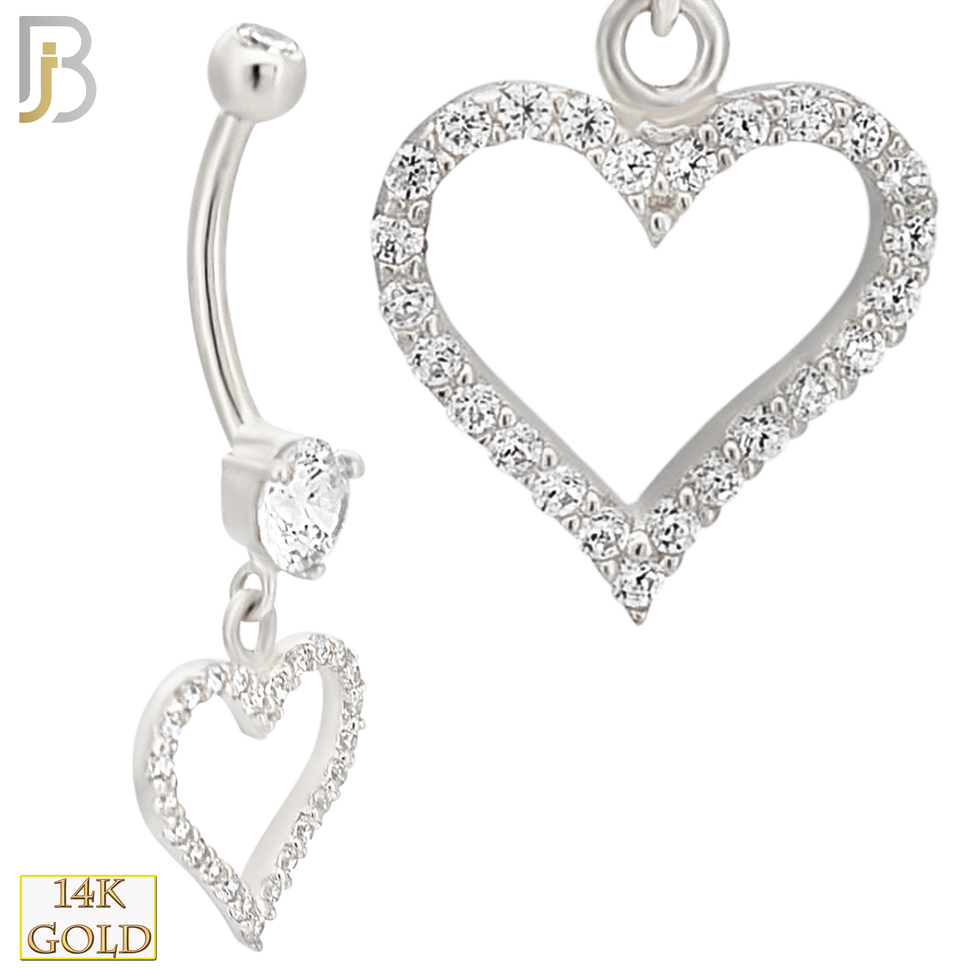 14-N002 - 14k Solid Gold Dangle Navel Belly Ring with 12mm Heart Design image 1