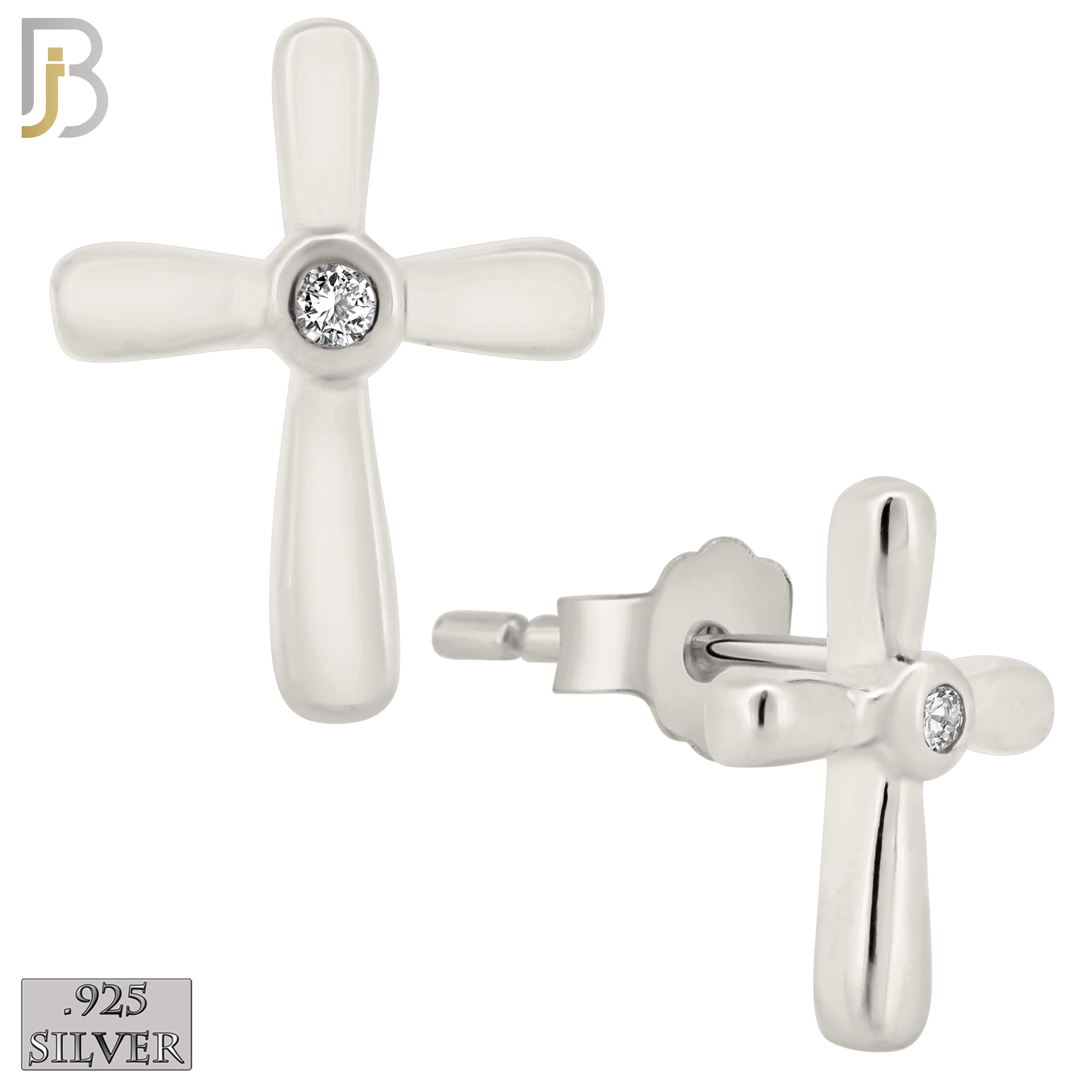 925-ES67 - .925 Sterling Silver Cross Design  Bezel Zircon Earring Stud image 1
