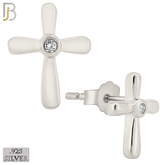 925-ES67 - .925 Sterling Silver Cross Design  Bezel Zircon Earring Stud image 1