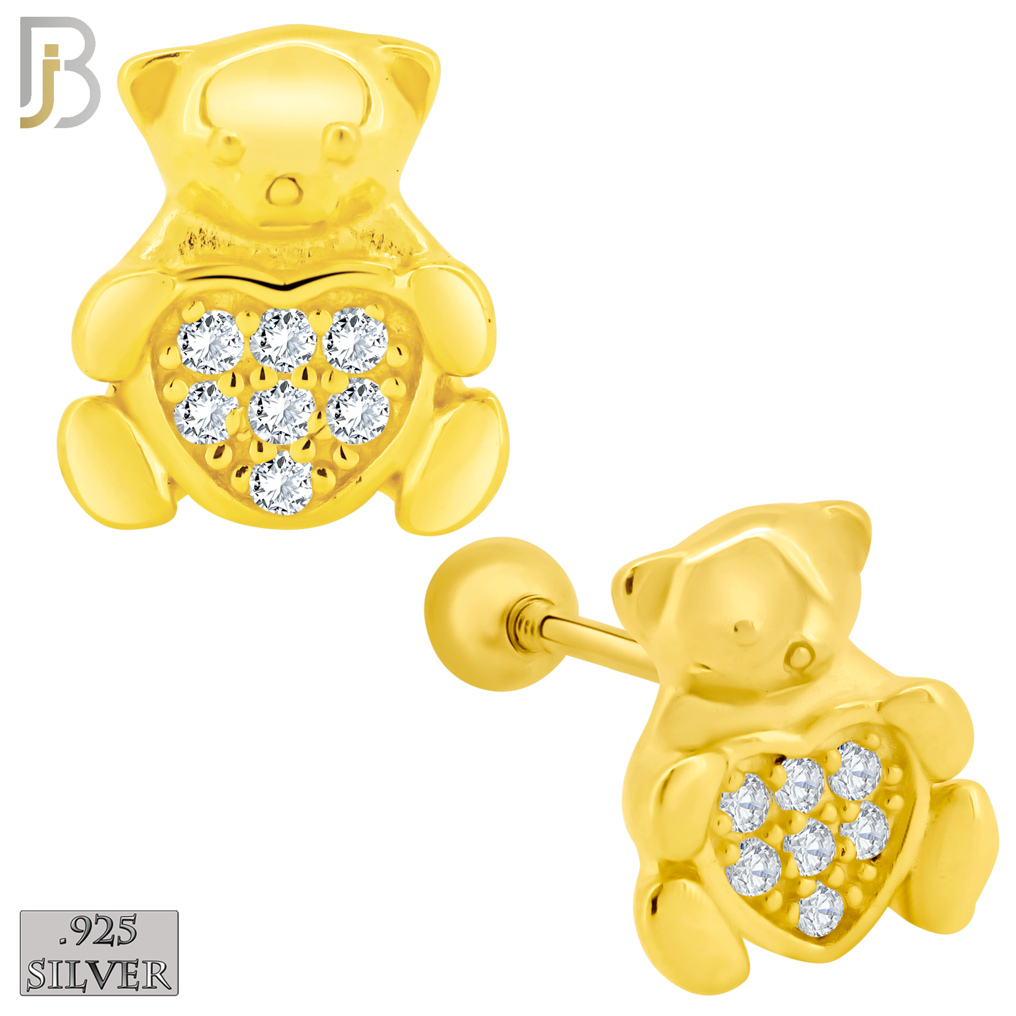925-ES372 - Screw Ball Back - .925 Sterling Silver Bear with Pave Heart Shaped Center Stud Earrings image 2