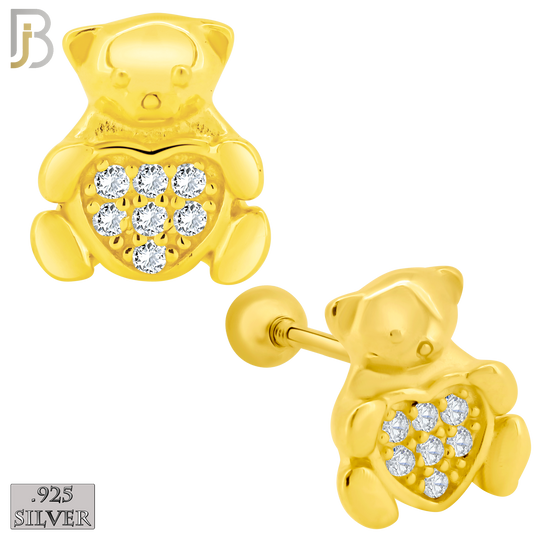 925-ES372 - Screw Ball Back - .925 Sterling Silver Bear with Pave Heart Shaped Center Stud Earrings image 2