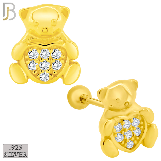 925-ES372 - Screw Ball Back - .925 Sterling Silver Bear with Pave Heart Shaped Center Stud Earrings image 2