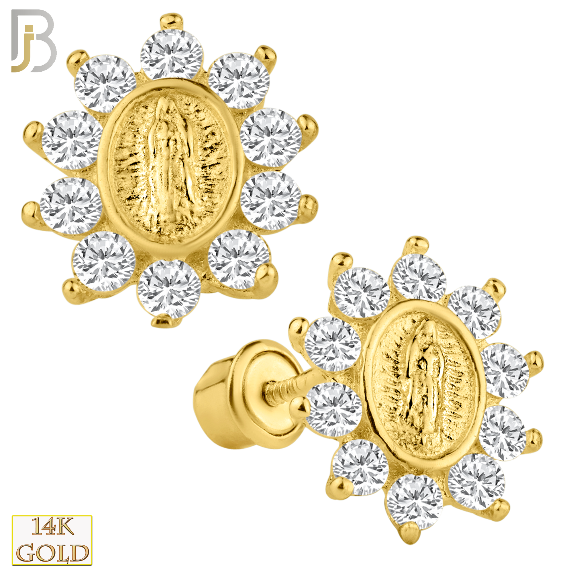 14-ES101 - 14k Yellow Gold Virgin Mary Design with Single Prong Set Zircon Screw Back Stud Earring image 0