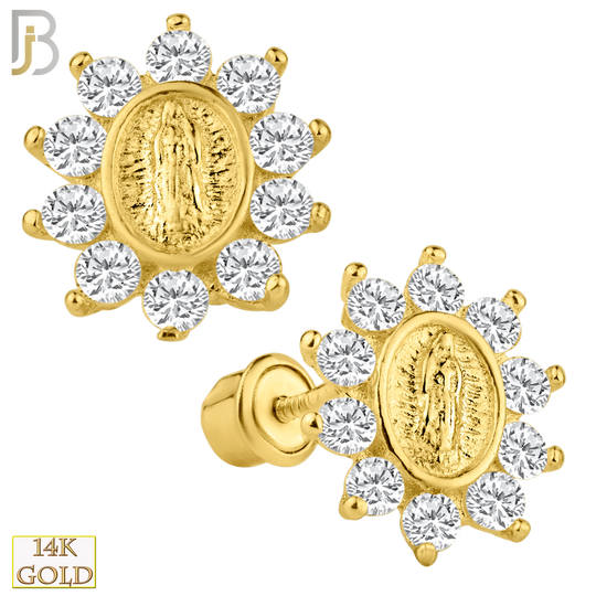 14-ES101 - 14k Yellow Gold Virgin Mary Design with Single Prong Set Zircon Screw Back Stud Earring image 0