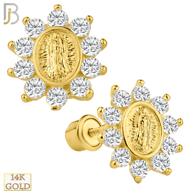 14-ES101 - 14k Yellow Gold Virgin Mary Design with Single Prong Set Zircon Screw Back Stud Earring image 0