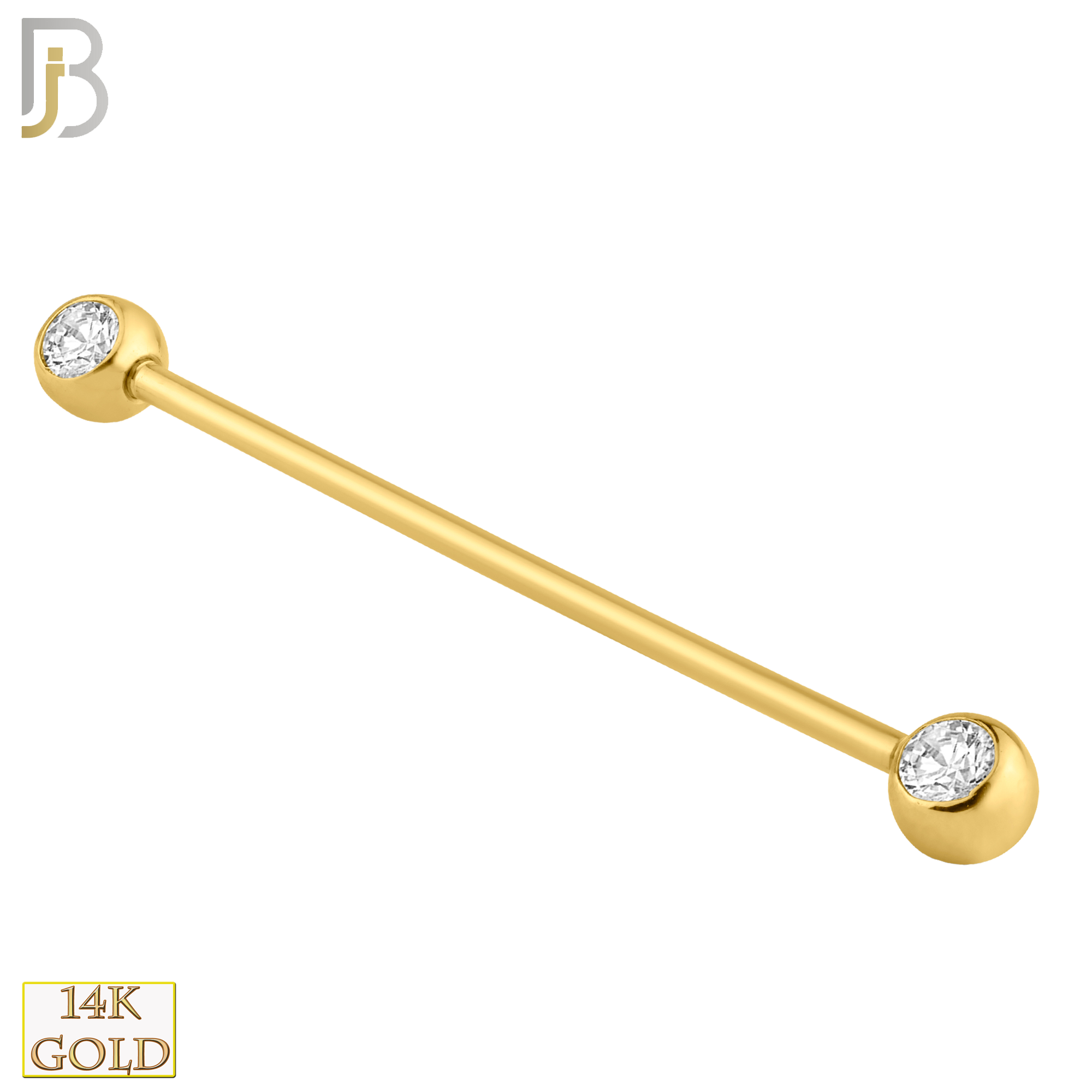 14-BB07 - 14k Solid Gold Industrial Barbell with Double Gem Ball CZ Externally Threaded image 1