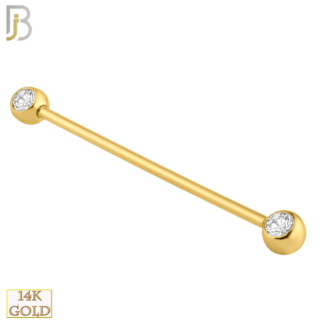 14-BB07 - 14k Solid Gold Industrial Barbell with Double Gem Ball CZ Externally Threaded image 1