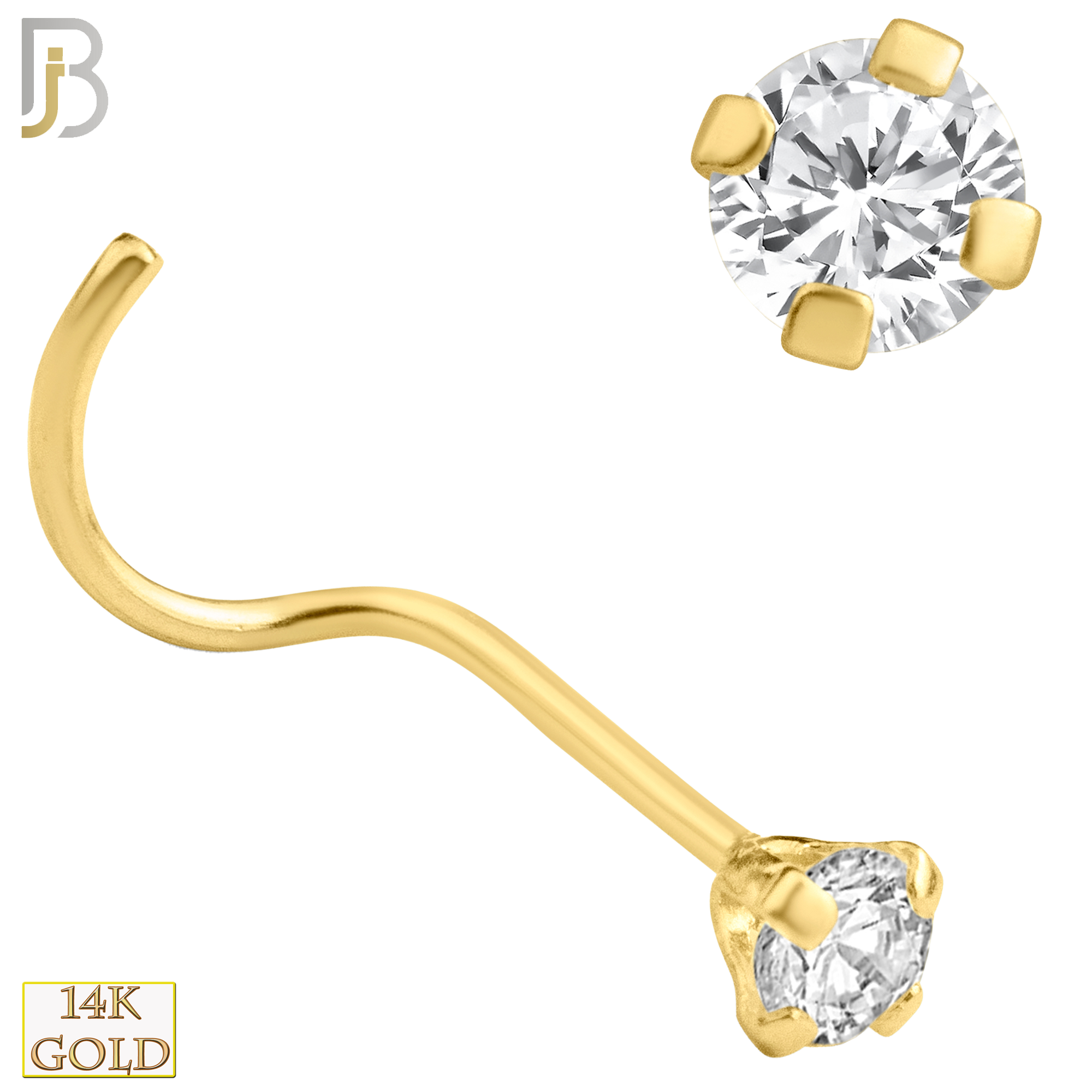 14-NR03CY-22 - 14k Solid Yellow Gold 22g Prong Setting  Round Cubic Zircona Nose Screw, Cork Screw image 4