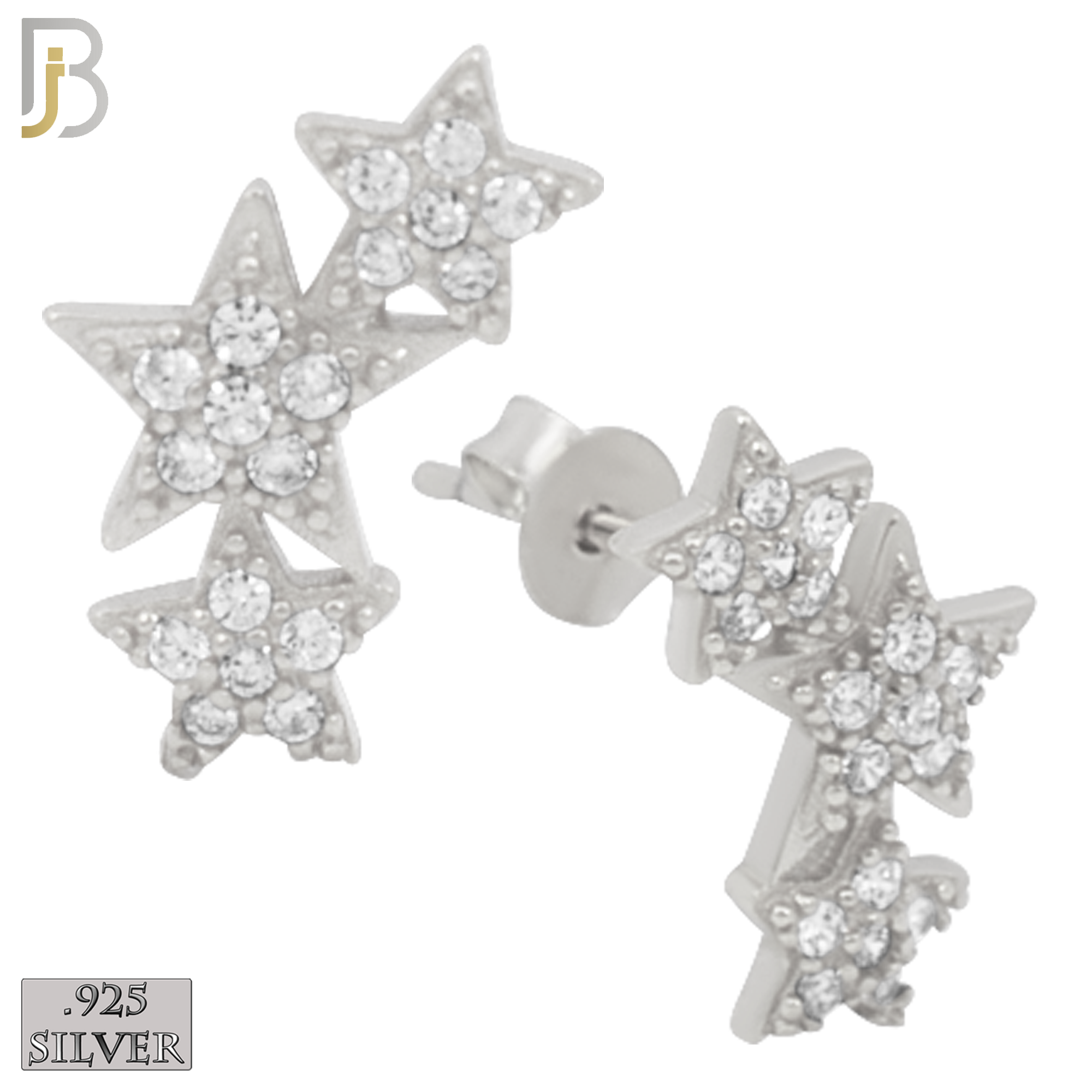 925-ES242 – .925 Sterling Silver Three Stars with Zircon Design Earring Stud image 1