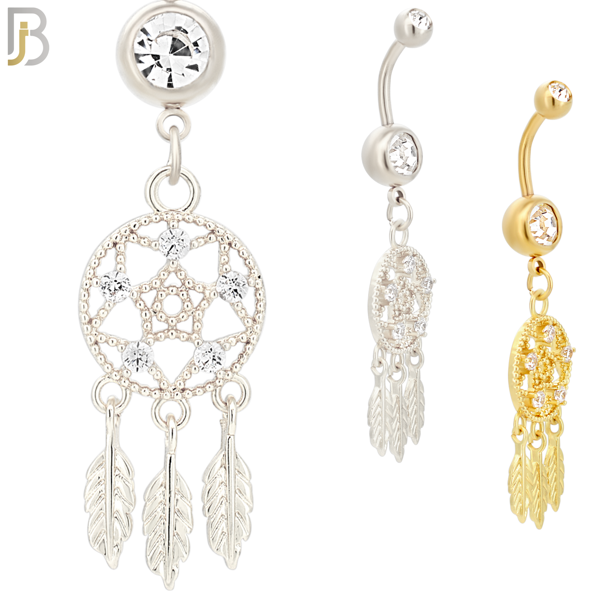 N024  - 316L Stainless Steel Dangling Dream Catcher with Zircon Design Belly Ring with 5mm Screw Ball image 0