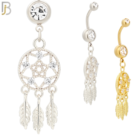 N024  - 316L Stainless Steel Dangling Dream Catcher with Zircon Design Belly Ring with 5mm Screw Ball image 0