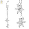 N0140 - 316L Stainless Steel Dangling Double 6 Petal Flower Drop with CZ Belly Ring and 5mm Screw Top - Steel image