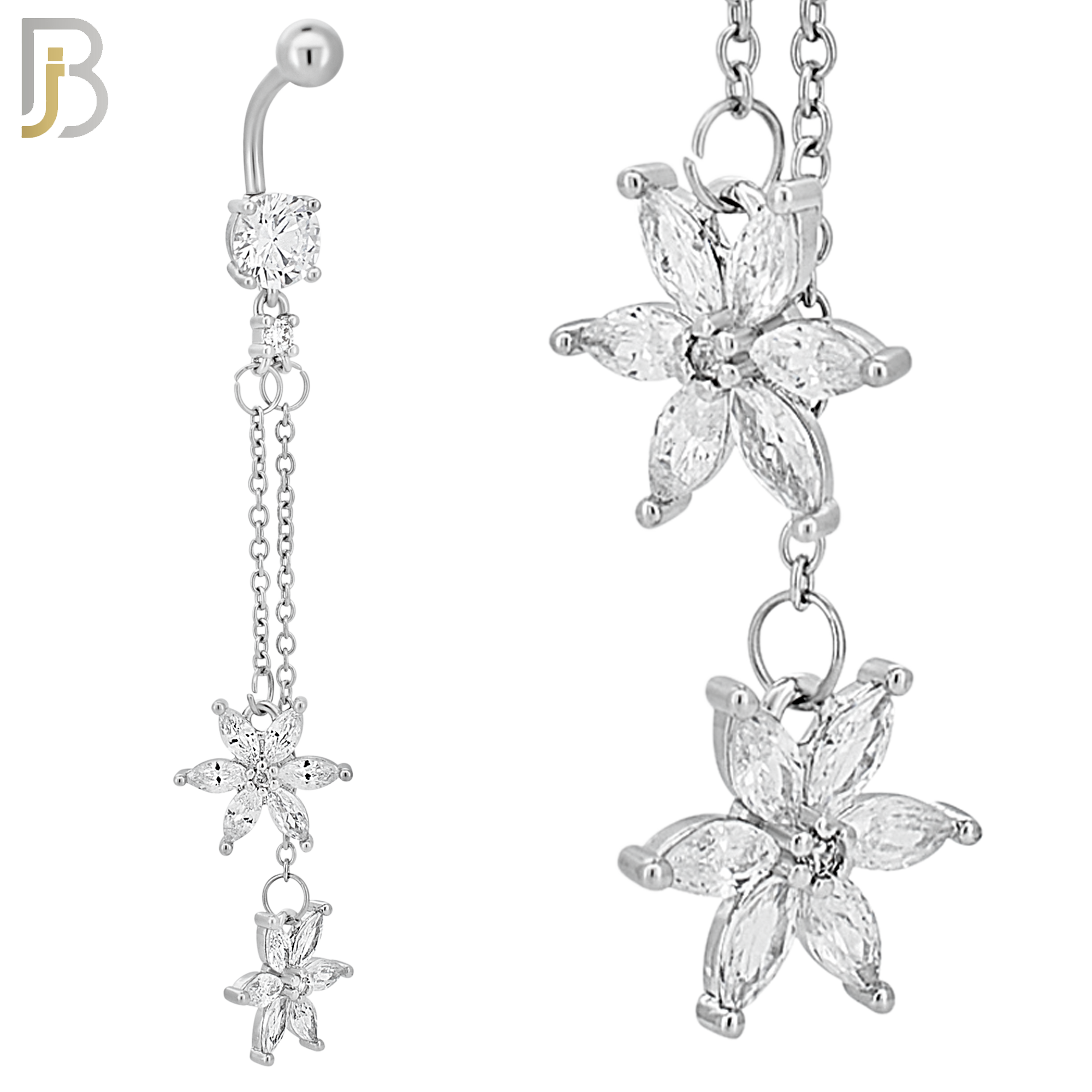 N0140 - 316L Stainless Steel Dangling Double 6 Petal Flower Drop with CZ Belly Ring and 5mm Screw Top - Steel image