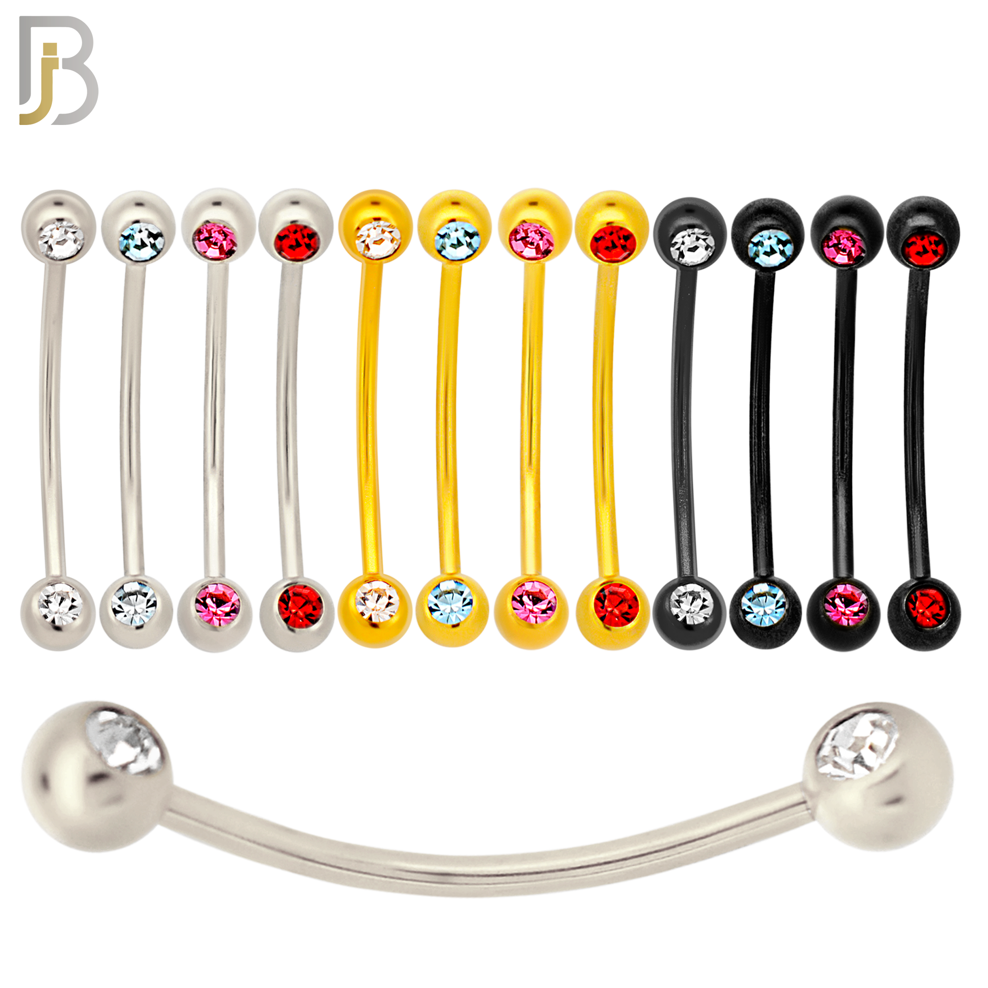 PK-EC11MA16 - 316L Surgical Steel Snake Bar Curved Barbell External Threaded Ball with Assorted Color CZ (Pack of 40) image