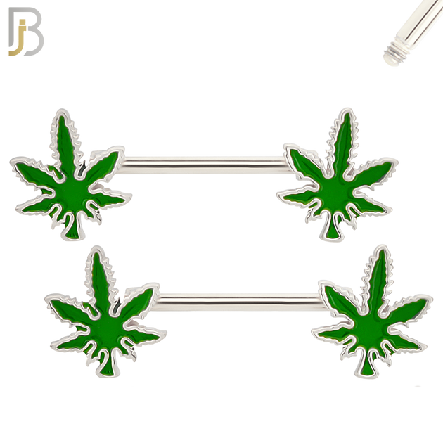 NP61- 316L Surgical Steel Marijuana Leaf Design Externally Threaded Nipple Rings (Sold as Pair) image 1