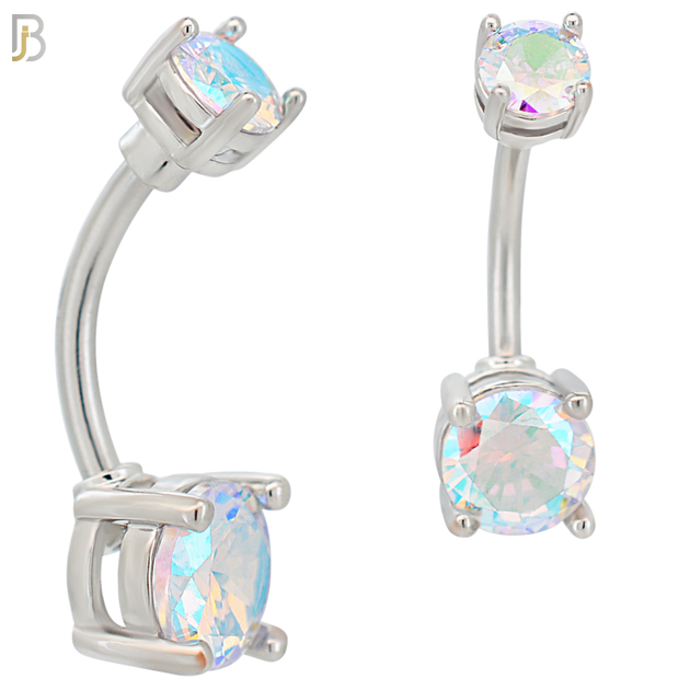 NB04S- 316L Stainless Steel Round Prong Setting Zircon  Banana Belly Navel Ring  (PACK OF 6) image
