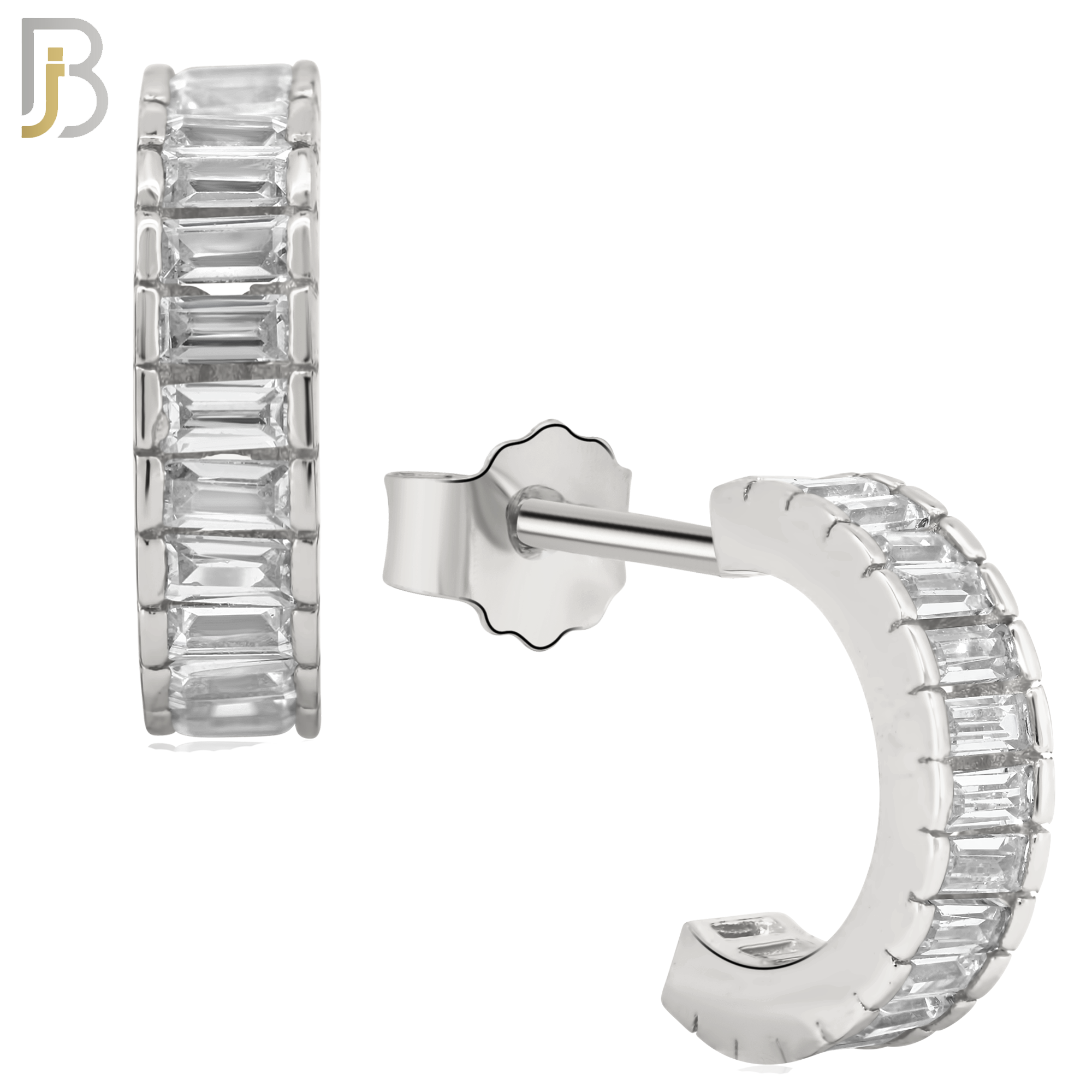 925-ES248 - .925 Sterling Silver Half Hoop Stud Earrings with Baguette Zircon image 1