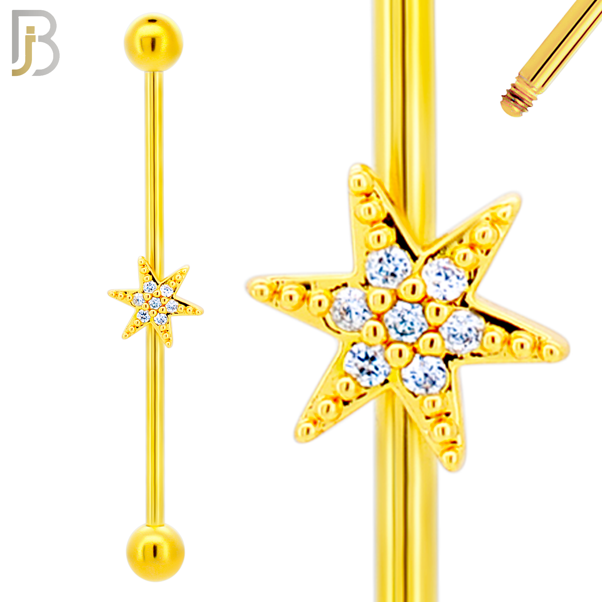 BB31 - 316L Surgical Steel Screw Bar with Brass Star with  CZ Design Barbell Industrial (PACK OF 4) image 2